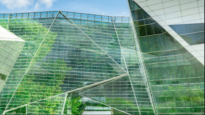 Modern glazed building with greenery