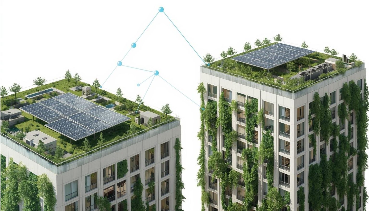 Illustration of buildings with green roofs and rooftop solar